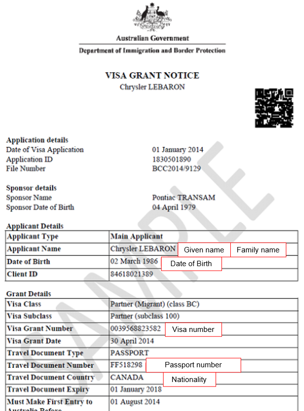 - Image shows a Visa grant notice with red boxes highlighting given name, family name, date of birth, visa number, passport number and nationality.