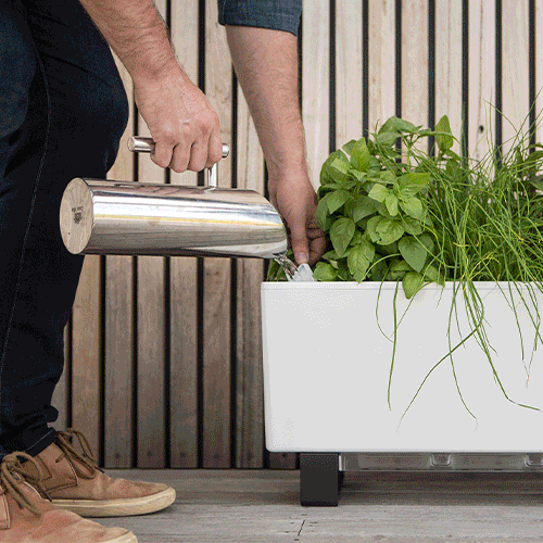 A Gif of brand GlowPear featuring self-watering planters and planter mini bench