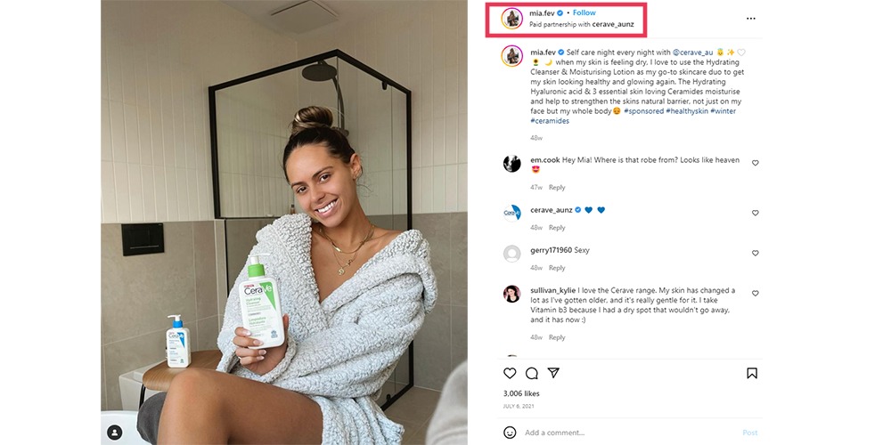 Screenshot of influencer Mia Fev showing a photo of her in a bathrobe holding up a product beside a screenshot of her comment section showing text that makes it clear that this is a paid partnership.