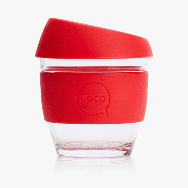 A gif of JOCO reusable coffee cups. They come in a variety of bright colours.