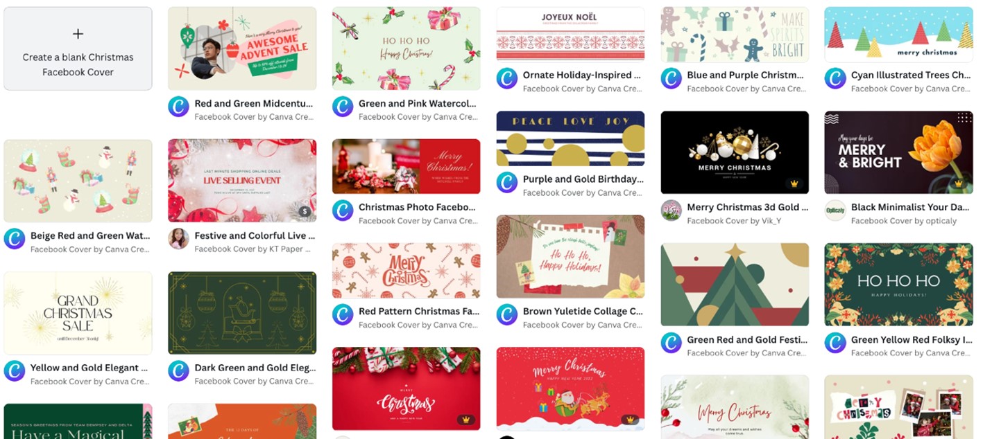 Screenshot of various Christmas themed templates on Canva.