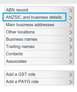 Screenshot of the menu the from ABR website with 'ANZSIC and business details' option highlighted