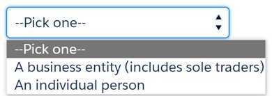 image is a screen shot of a drop down menu with 2 options. Option 1 is: 'A business entity (includes sole traders)’ and Option 2 is: ‘An individual person’