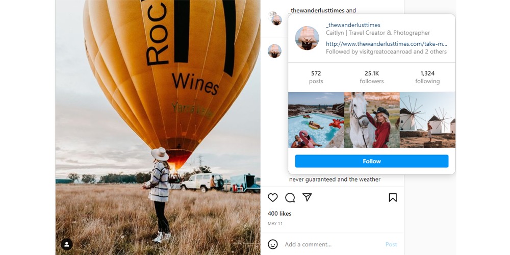 Screenshots show a hot air balloon alongside an inserted screenshot of the Instagram profile of The Wanderlust Times.