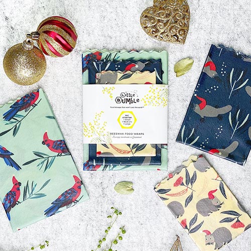 Little Bumble Reusable Food Wraps. Each wrap has a unique design such as a cartoon wombat, platypus or native bird.