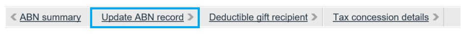 Screenshot of menu items with 'Update ABN record' highlighted