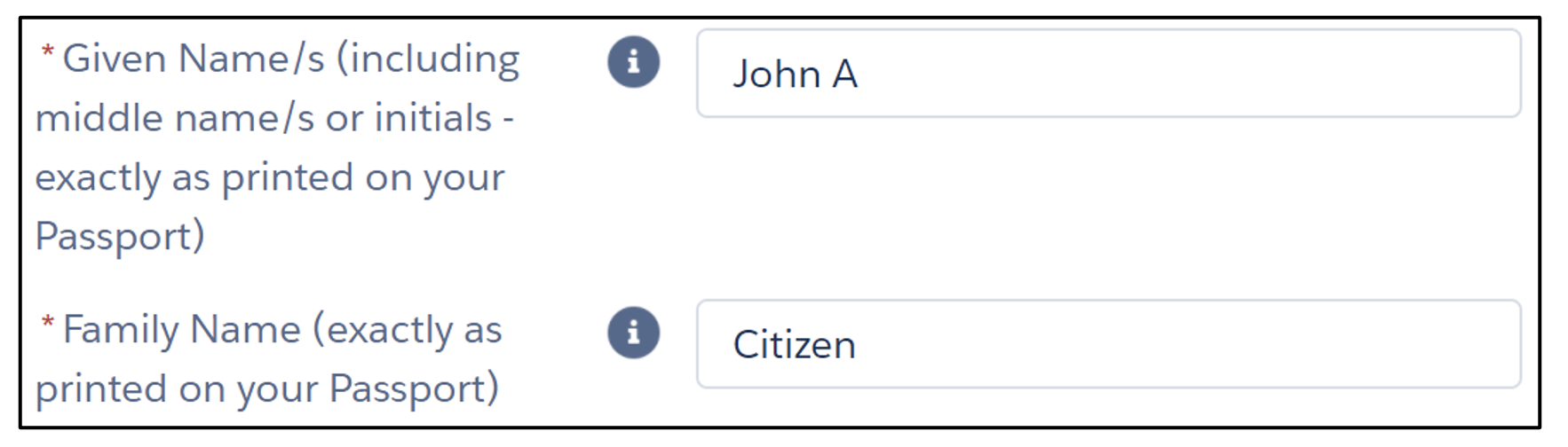 Figure 1 – How to enter your middle initial for Australian passport and Australian visa