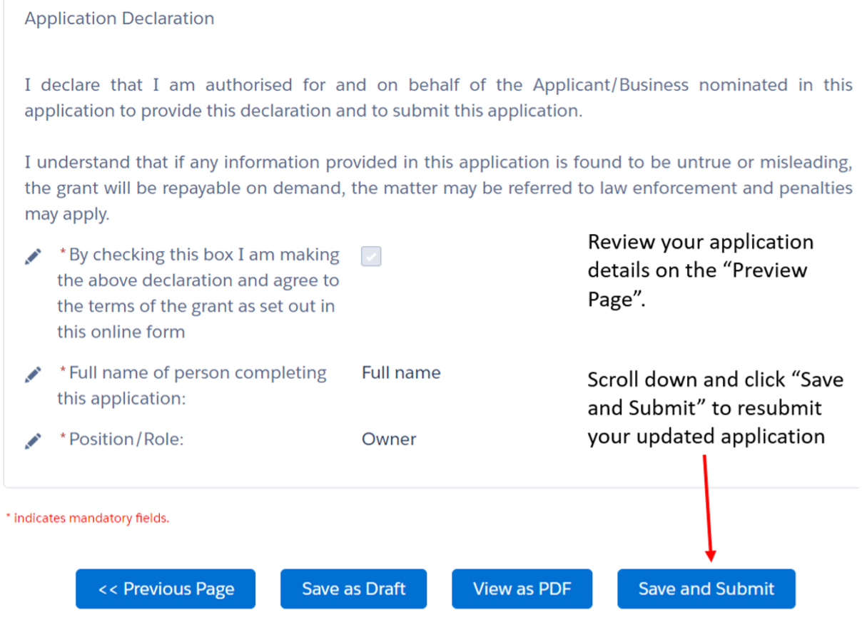 Image shows the Preview page from the application form. A red arrow points to a blue navigation box that reads, “Save and Submit”. The text accompanying the red arrow reads, “Review your application details on the “Preview Page”. Scroll down and click “Save and Submit” to resubmit your updated application”.