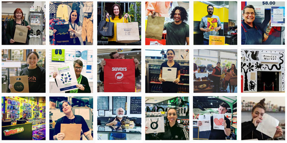 A collage of photographs of retailers sharing their efforts to use non-plastic bags in their businesses.