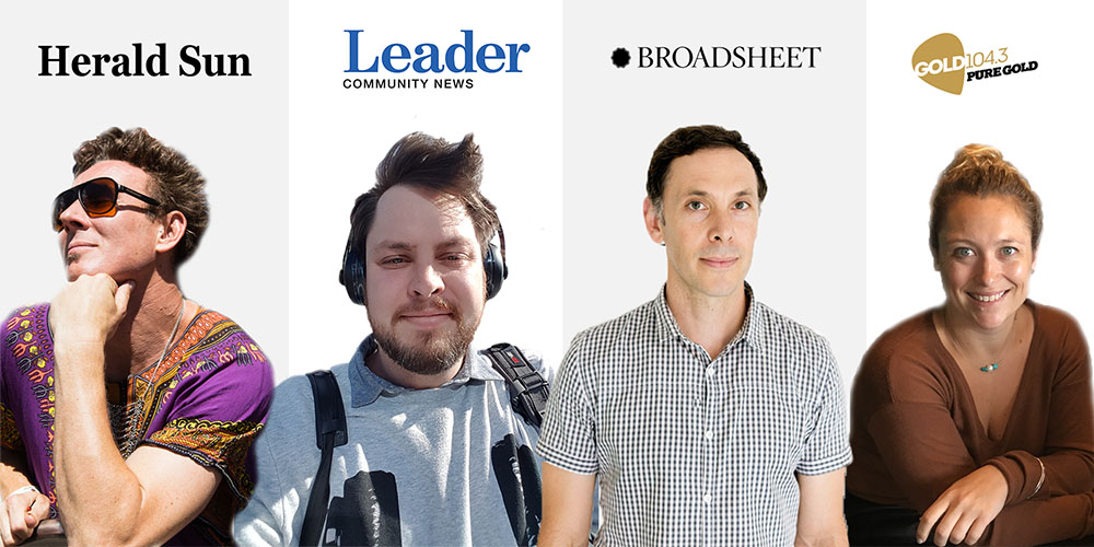 A collage of photos of Mikey Cahill from the Herald Sun, Kiel Egging from Leader Community News, Tim Fishers from Broadsheet and Alex Day from Gold 104.3.
