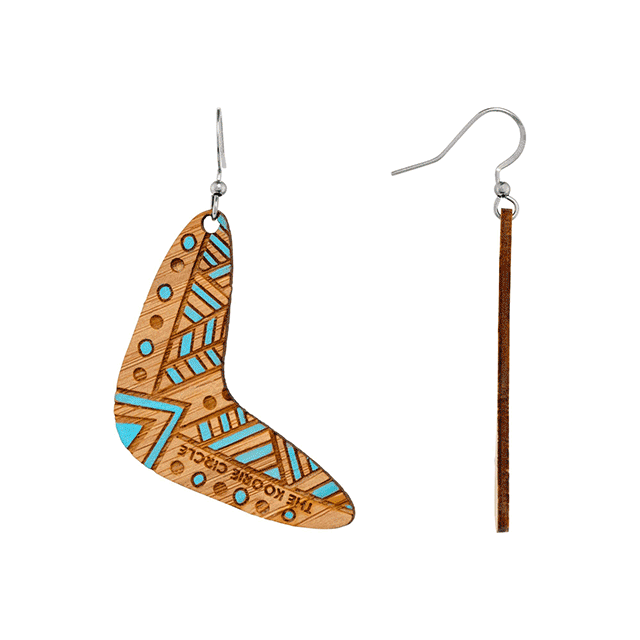 A gif of Koorie Circle Aboriginal earrings. Some of the earrings are shaped like boomerangs and others are thin pieces of brown wood. 