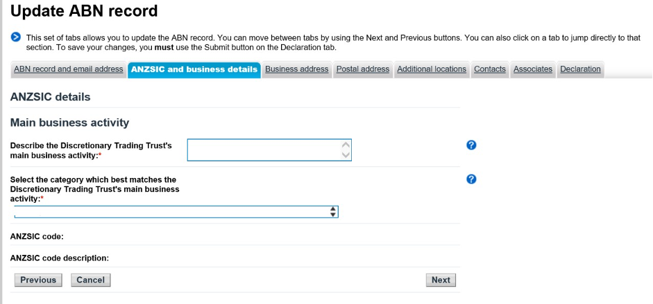 Screenshot of the 'Update ABN record' section of the ABR website with the 'ANZSIC and business details' tab open