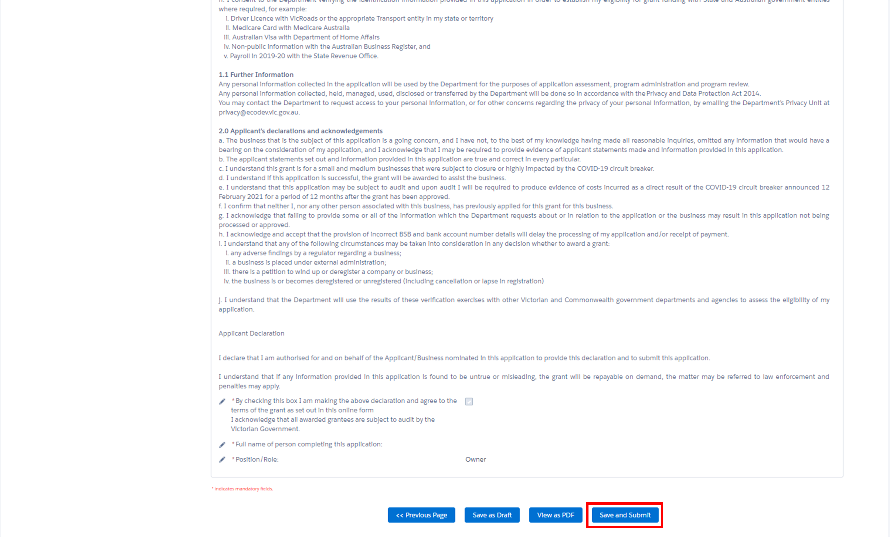 Image 6 shows a screenshot of the application declaration screen the user finds when submitting new identification documents. Full text is available in the grants portal. At the bottom of screen a "Save and submit" button is highlighted in a red box.