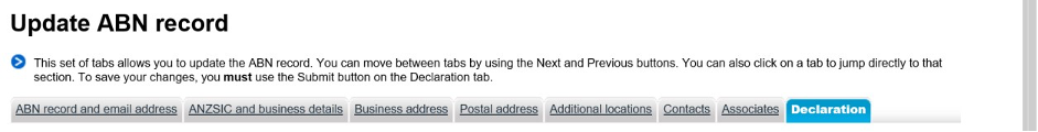 Screenshot of the 'Update ABN record' section of the ABR website showing the final tab, 'Declaration', open