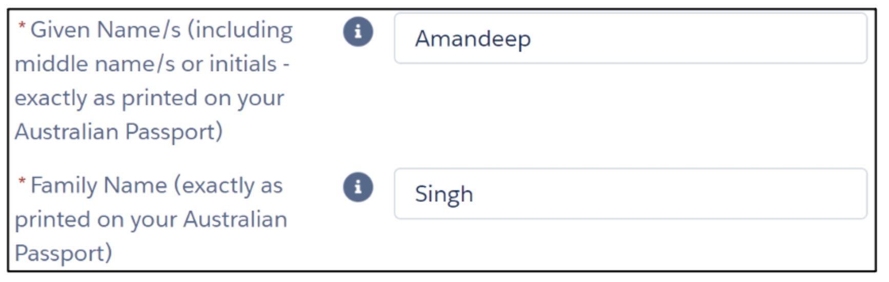 Split your name between the Given Name and Family Name fields.