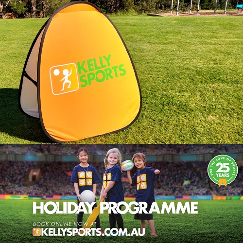 Two images stacked on top of each other. The top image is a small sign in the middle of an oval with Kelly Sports. The bottom is of three kids in a sports stadium. The text says ‘holiday programme’.
