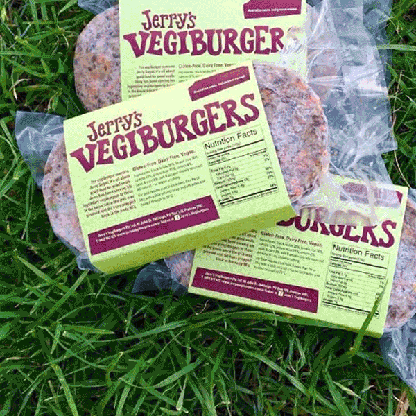 A gif of Jerry's Vegiburgers. There are photos of their patties being cooked, food platters, and veggie burgers.