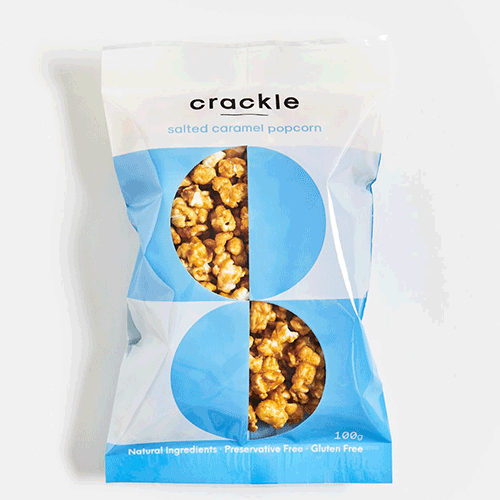 A gif of Crackle Corn products. There are images of popcorn in bowls, some are flavoured and others are plain popcorn.