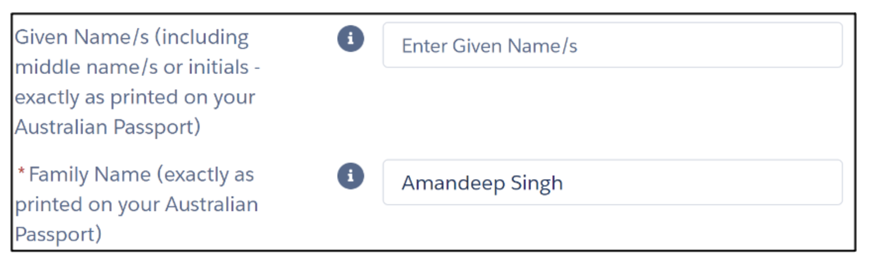 Leave the Given Name field blank. Enter your name as it is printed on the document in the Family Name field.