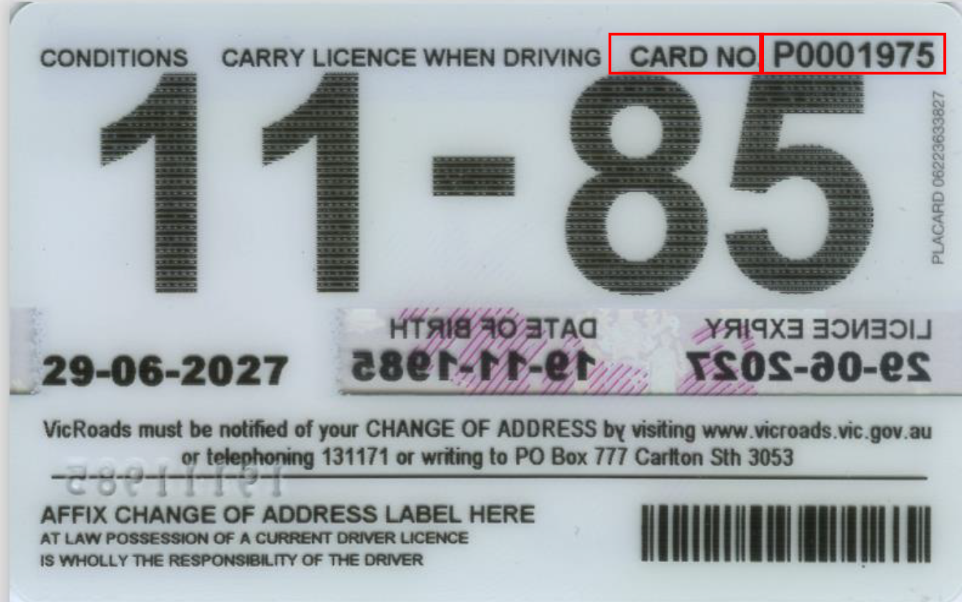 Image shows the back of a Victorian Driver Licence with a red box highlighting the Card Number field in the top right corner of the card.