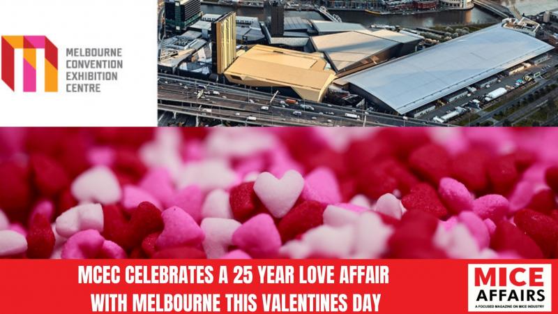 Promotional image for the Melbourne Convention Exhibition Centre with a Valentines theme. Text says 'MCEC celebrates a 25 year love affair with Melbourne this Valentines Day