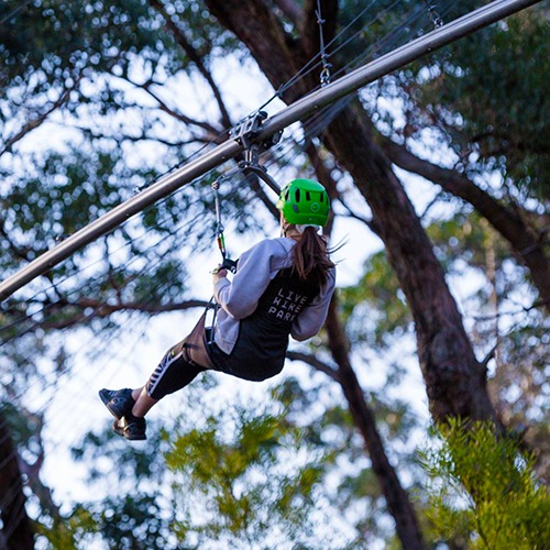 A woman going down a zip line at Live Wire Park.