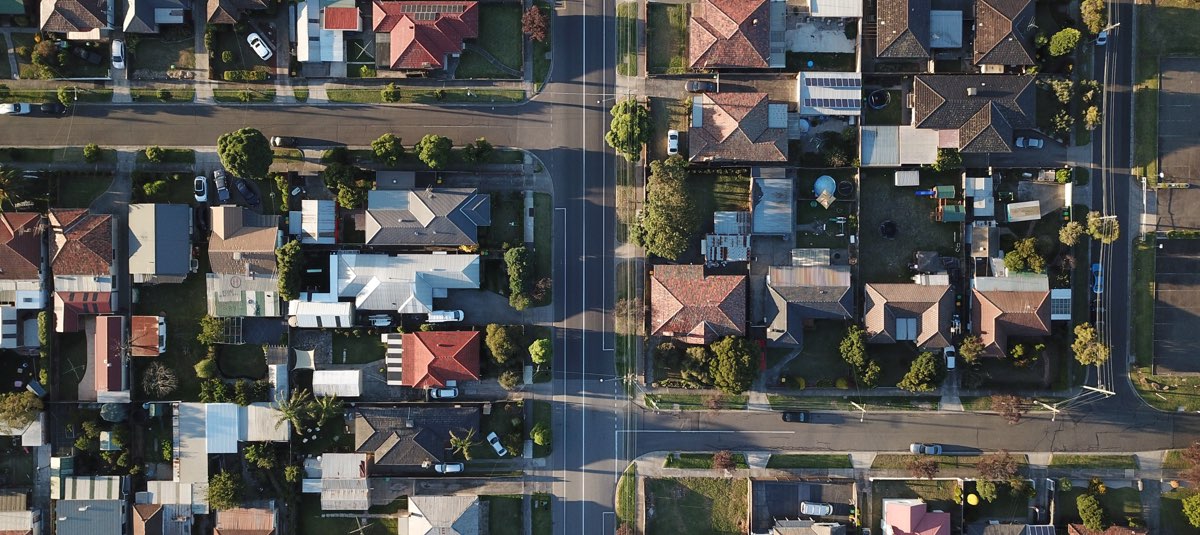 Overhead view of houses and streets in a Victorian Suburb