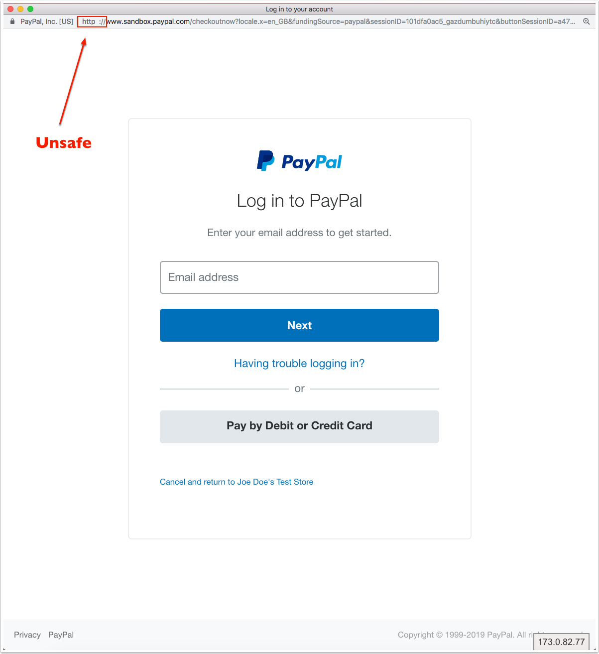 An image showing a PayPal login screen. An red arrow with the text ‘Unsafe’ points to the website address which shows an http prefix and an unusual version of the PayPal URL.
