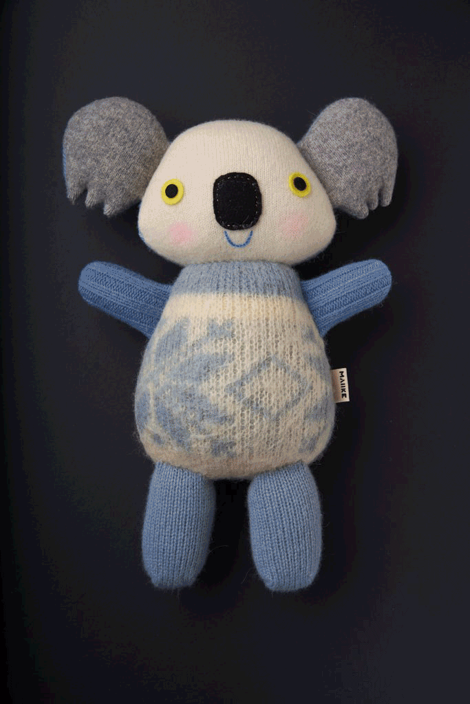 A gif of MAIIKE handmade soft toys. The toys are of koalas and an octopus in a variety of different colours.