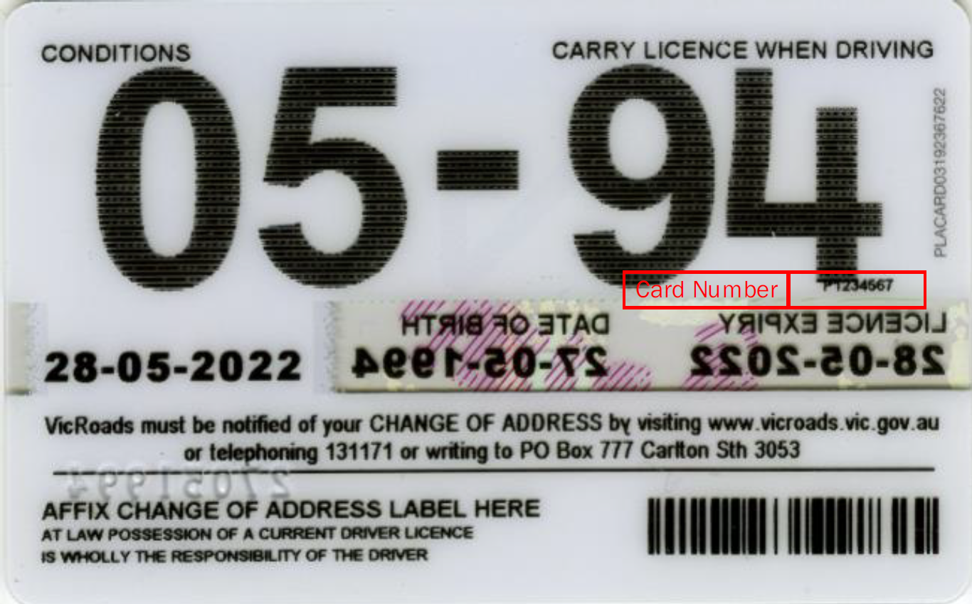 Image shows the back of a Victorian Driver Licence with a red box highlighting the Card Number field on the right side of the card