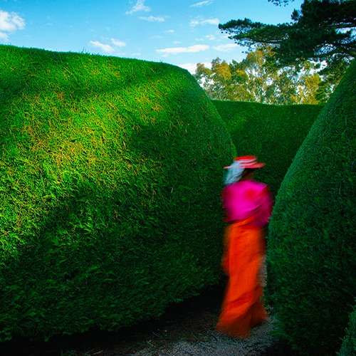 A woman wearing a red hat, shirt and dress. She is walking through a large hedge maze.