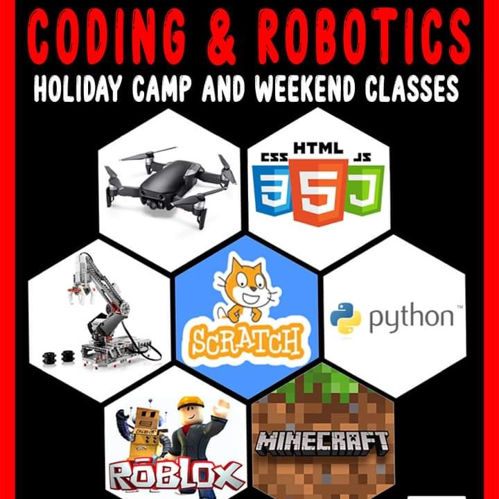 A flyer for a coding and robotics holiday camp and weekend classes. There are several icons under the heading that include Minecraft, Roblox, Python and more.