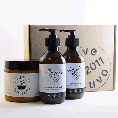 A gif of LoveLuvo, a social enterprise retail store providing environmentally friendly and sustainable products. There are various images of their products such as hand cream and bath salts.
