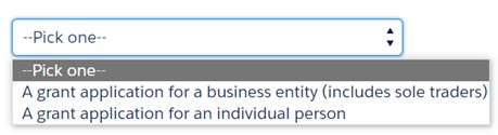 [Alt text: image is a screen shot of a drop down menu with 2 options. Option 1 is: 'A grant application for a business entity (includes sole traders)' and Option 2 is: ‘A grant application for an individual person']