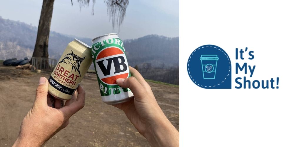 To the right is a photograph or two people clinking beer cans together. To the right is an illustration of a coffee cup with a koala on the front beside the words ‘It’s my shout!’ 