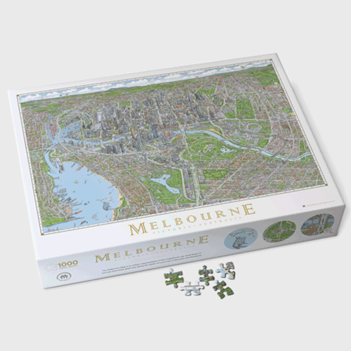 A gif of a Melbourne map jigsaw puzzle. The jigsaw is of the Melbourne area showing the central business district buildings and surrounding suburbs.