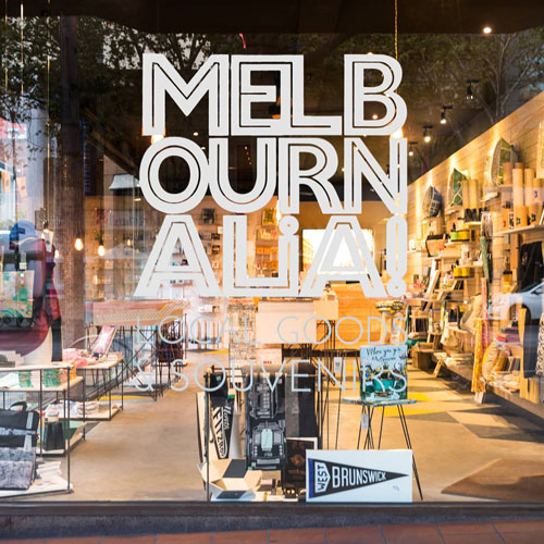 Front view of Melbournalia Local Goods & Souvenirs shopfront displaying a wide range of goods and products.