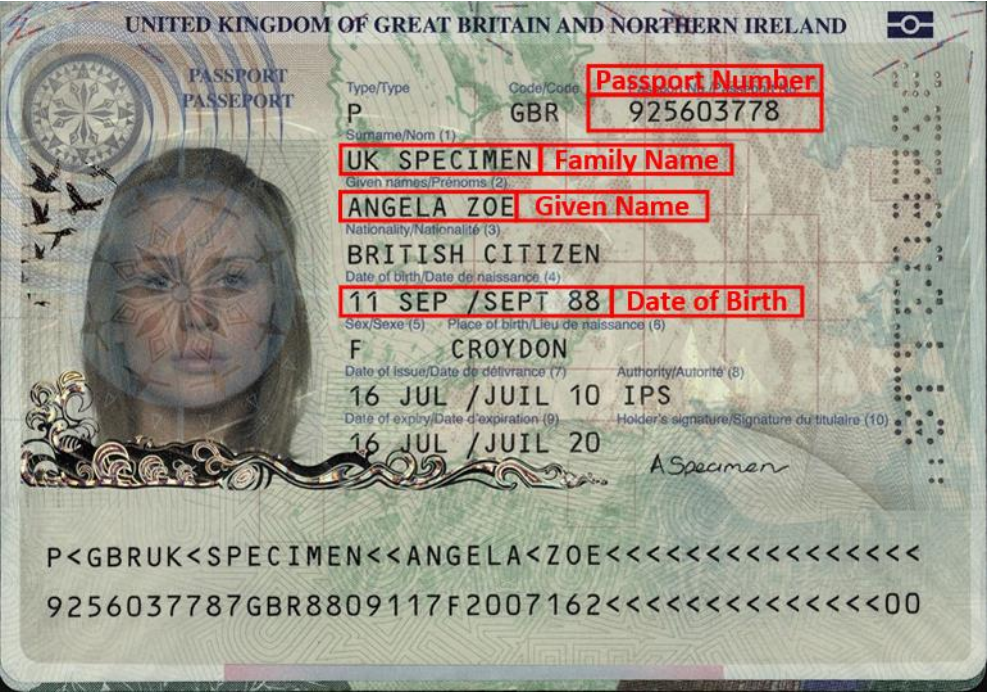 - Image shows a United Kingdom passport with red boxes highlighting passport number, Family Name, given name and date of birth.