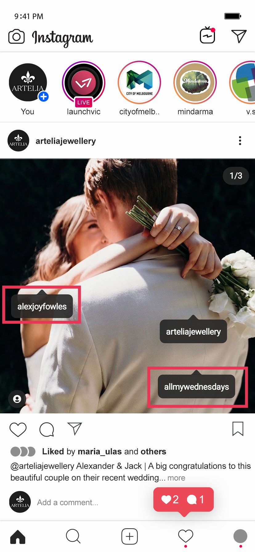 Screenshot of a wedding photo from arteliajewellery on Instagram. The images shows two other accounts being tagged in the photo.