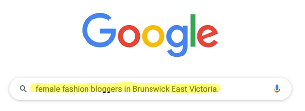 Google search showing the words "Female fashion bloggers in Brunswick East Victoria" highlighted in yellow.